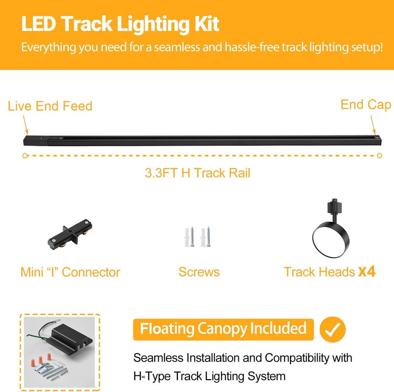 TuyuBEE طقم إضاءة مسار LED بـ 4 مصابيح مع سكة H بطول 3.3 قدم وموصل قبة، مصابيح إضاءة مسار مطبخ حديثة، إضاءة سقف قابلة للتعتيم وخالية من الوميض CRI90+ 3000K 12W 1000lm، باللون الأسود - Image 2